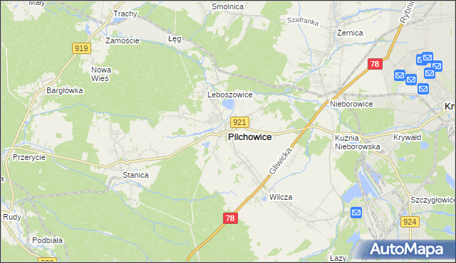 mapa Pilchowice powiat gliwicki, Pilchowice powiat gliwicki na mapie Targeo