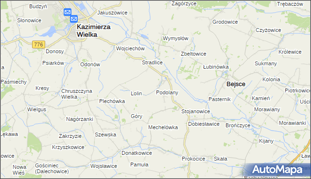 mapa Podolany gmina Kazimierza Wielka, Podolany gmina Kazimierza Wielka na mapie Targeo