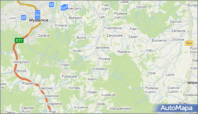 mapa Poręba gmina Myślenice, Poręba gmina Myślenice na mapie Targeo
