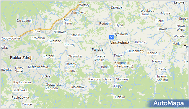 mapa Poręba Wielka gmina Niedźwiedź, Poręba Wielka gmina Niedźwiedź na mapie Targeo