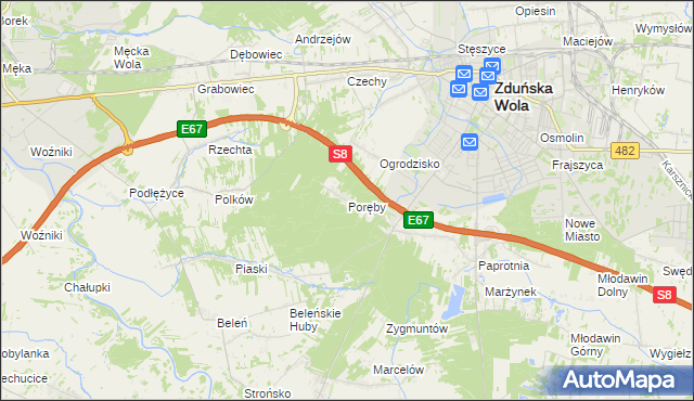 mapa Poręby gmina Zduńska Wola, Poręby gmina Zduńska Wola na mapie Targeo