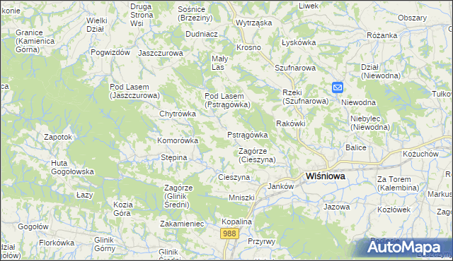 mapa Pstrągówka gmina Wiśniowa, Pstrągówka gmina Wiśniowa na mapie Targeo