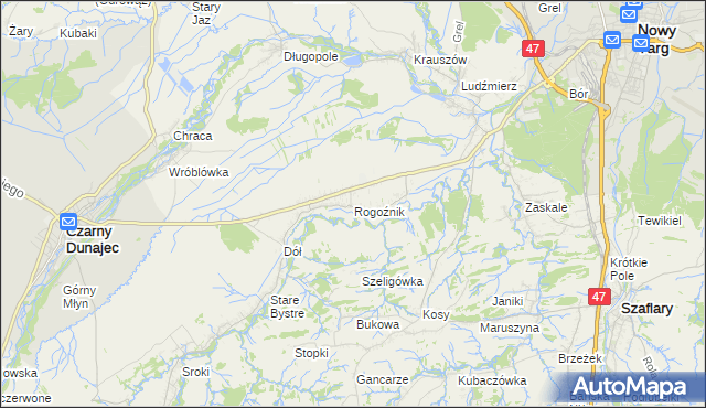 mapa Rogoźnik gmina Nowy Targ, Rogoźnik gmina Nowy Targ na mapie Targeo