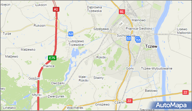 mapa Rokitki gmina Tczew, Rokitki gmina Tczew na mapie Targeo