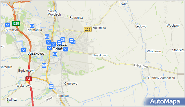 mapa Roszkowo gmina Pruszcz Gdański, Roszkowo gmina Pruszcz Gdański na mapie Targeo