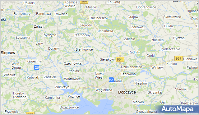 mapa Sieraków gmina Dobczyce, Sieraków gmina Dobczyce na mapie Targeo