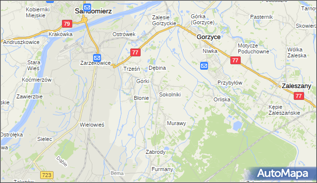 mapa Sokolniki gmina Gorzyce, Sokolniki gmina Gorzyce na mapie Targeo