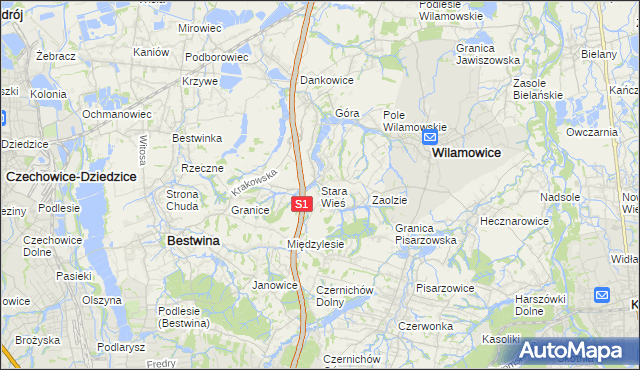 mapa Stara Wieś gmina Wilamowice, Stara Wieś gmina Wilamowice na mapie Targeo