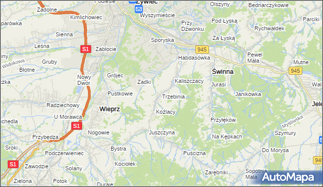 mapa Trzebinia gmina Świnna, Trzebinia gmina Świnna na mapie Targeo