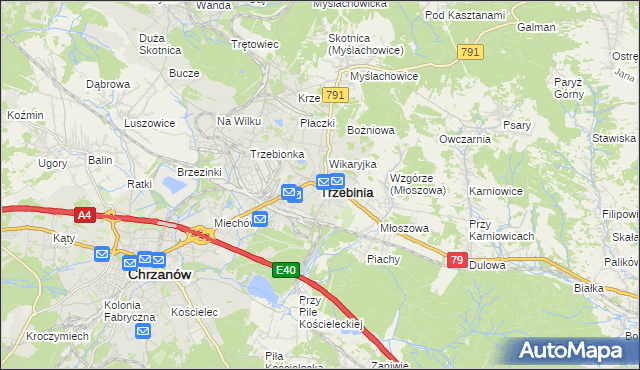 mapa Trzebinia powiat chrzanowski, Trzebinia powiat chrzanowski na mapie Targeo