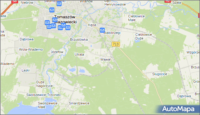 mapa Wąwał gmina Tomaszów Mazowiecki, Wąwał gmina Tomaszów Mazowiecki na mapie Targeo