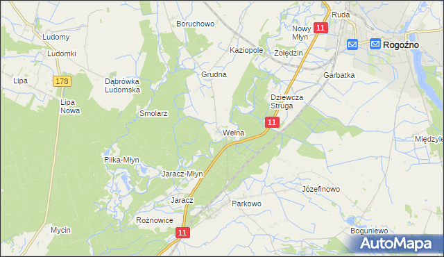 mapa Wełna gmina Rogoźno, Wełna gmina Rogoźno na mapie Targeo