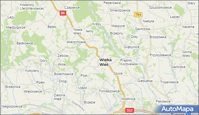 mapa Wielka Wieś powiat krakowski, Wielka Wieś powiat krakowski na mapie Targeo