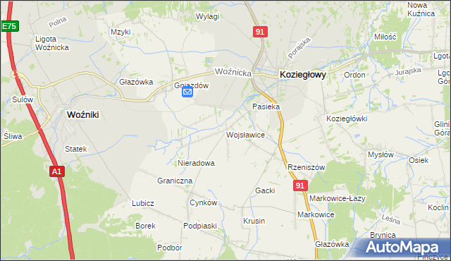 mapa Wojsławice gmina Koziegłowy, Wojsławice gmina Koziegłowy na mapie Targeo