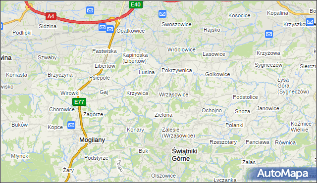mapa Wrząsowice, Wrząsowice na mapie Targeo