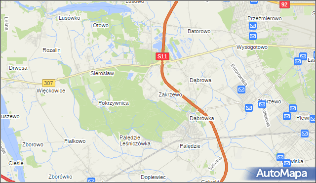 mapa Zakrzewo gmina Dopiewo, Zakrzewo gmina Dopiewo na mapie Targeo