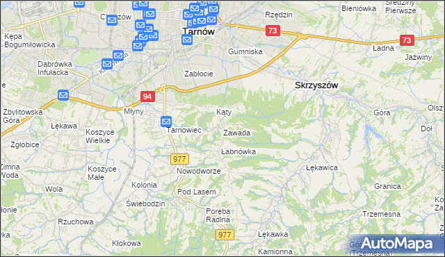 mapa Zawada gmina Tarnów, Zawada gmina Tarnów na mapie Targeo