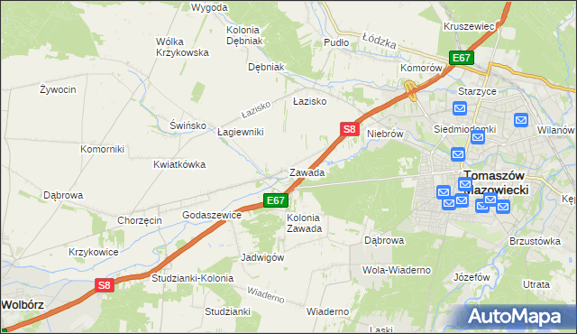 mapa Zawada gmina Tomaszów Mazowiecki, Zawada gmina Tomaszów Mazowiecki na mapie Targeo