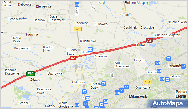 mapa Adamów gmina Grodzisk Mazowiecki, Adamów gmina Grodzisk Mazowiecki na mapie Targeo