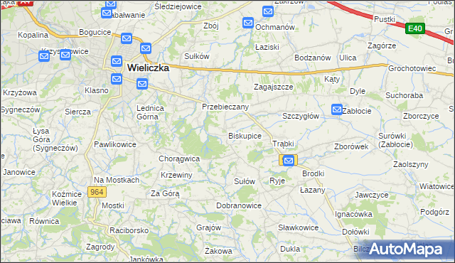 mapa Biskupice powiat wielicki, Biskupice powiat wielicki na mapie Targeo