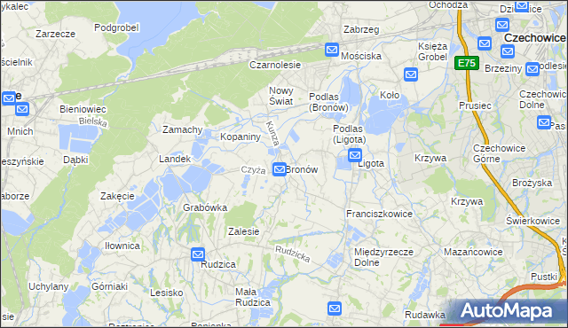 mapa Bronów gmina Czechowice-Dziedzice, Bronów gmina Czechowice-Dziedzice na mapie Targeo