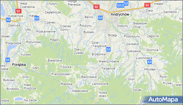 mapa Brzezinka gmina Andrychów, Brzezinka gmina Andrychów na mapie Targeo