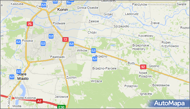 mapa Brzeźno gmina Krzymów, Brzeźno gmina Krzymów na mapie Targeo