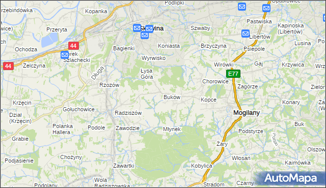 mapa Buków gmina Mogilany, Buków gmina Mogilany na mapie Targeo
