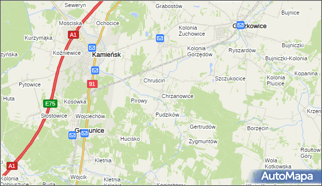 mapa Chrzanowice gmina Gomunice, Chrzanowice gmina Gomunice na mapie Targeo