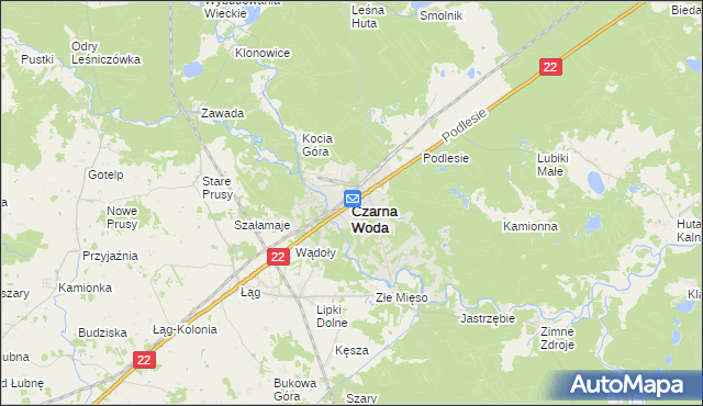 mapa Czarna Woda powiat starogardzki, Czarna Woda powiat starogardzki na mapie Targeo