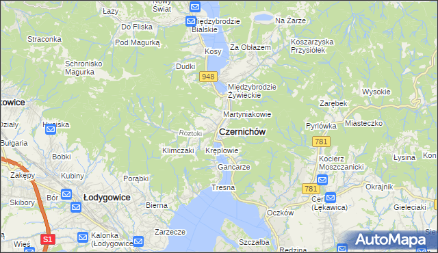 mapa Czernichów powiat żywiecki, Czernichów powiat żywiecki na mapie Targeo