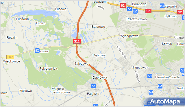 mapa Dąbrowa gmina Dopiewo, Dąbrowa gmina Dopiewo na mapie Targeo
