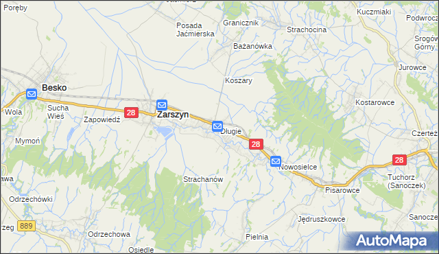 mapa Długie gmina Zarszyn, Długie gmina Zarszyn na mapie Targeo