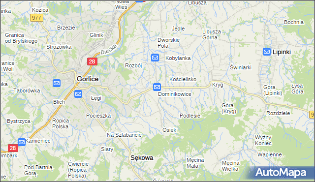 mapa Dominikowice gmina Gorlice, Dominikowice gmina Gorlice na mapie Targeo
