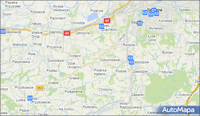 mapa Gołuchowice gmina Skawina, Gołuchowice gmina Skawina na mapie Targeo