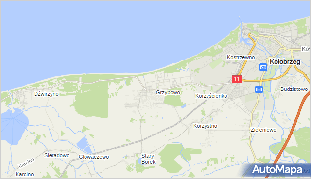 mapa Grzybowo gmina Kołobrzeg, Grzybowo gmina Kołobrzeg na mapie Targeo
