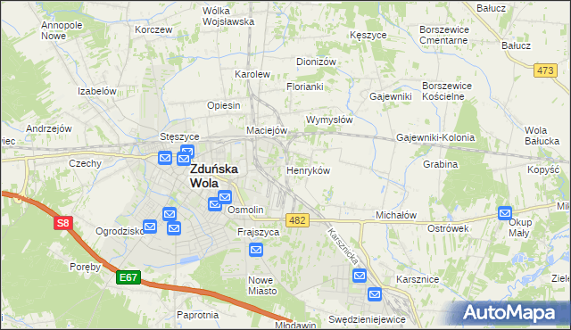 mapa Henryków gmina Zduńska Wola, Henryków gmina Zduńska Wola na mapie Targeo