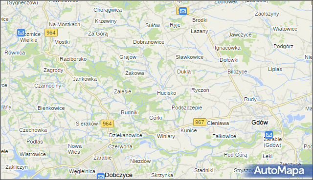 mapa Hucisko gmina Gdów, Hucisko gmina Gdów na mapie Targeo