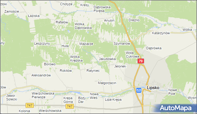 mapa Jakubówka gmina Lipsko, Jakubówka gmina Lipsko na mapie Targeo