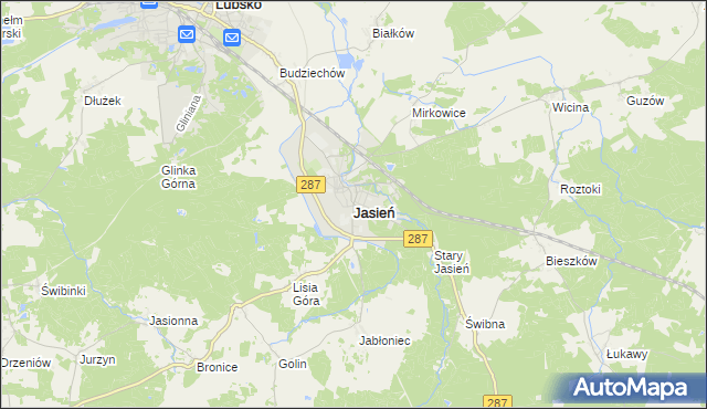 mapa Jasień powiat żarski, Jasień powiat żarski na mapie Targeo