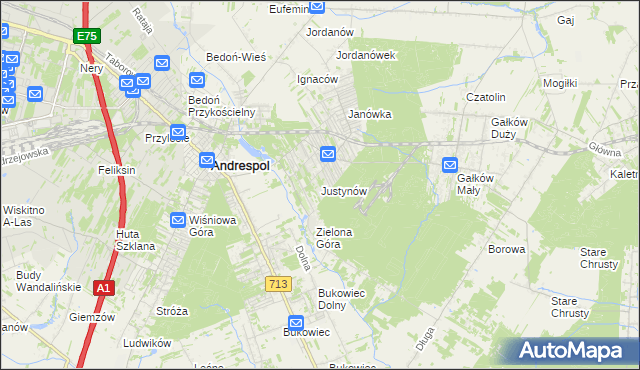 mapa Justynów gmina Andrespol, Justynów gmina Andrespol na mapie Targeo