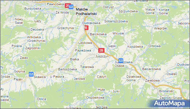 mapa Juszczyn gmina Maków Podhalański, Juszczyn gmina Maków Podhalański na mapie Targeo