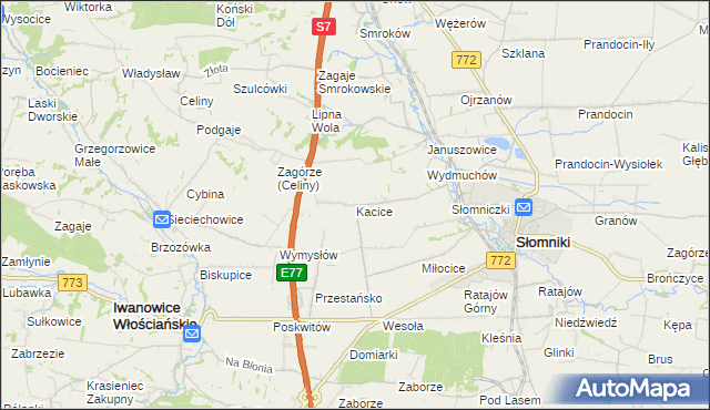 mapa Kacice gmina Słomniki, Kacice gmina Słomniki na mapie Targeo