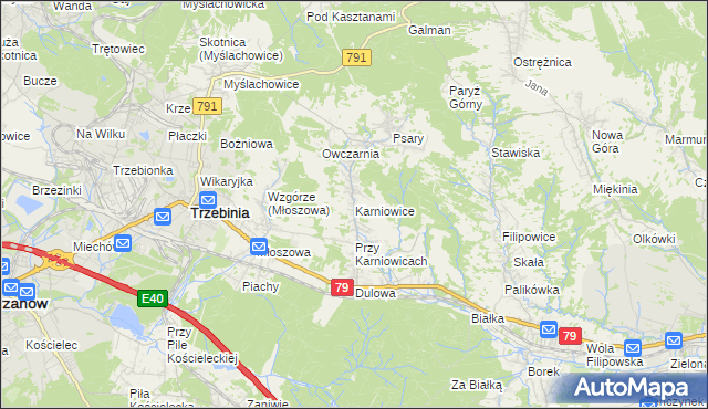 mapa Karniowice gmina Trzebinia, Karniowice gmina Trzebinia na mapie Targeo