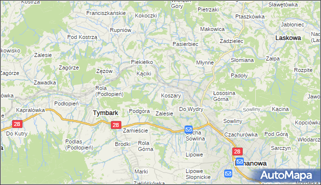 mapa Koszary gmina Limanowa, Koszary gmina Limanowa na mapie Targeo