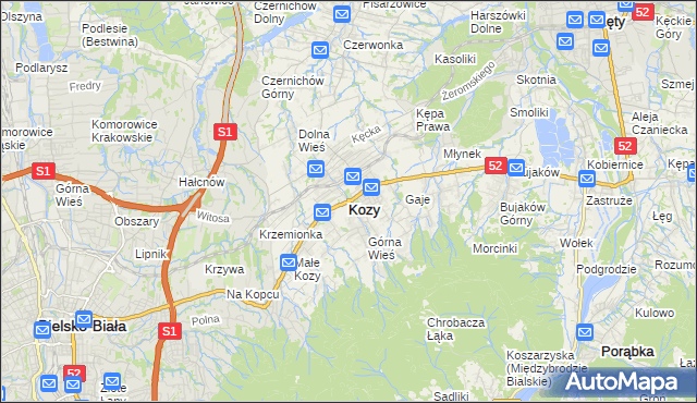 mapa Kozy powiat bielski, Kozy powiat bielski na mapie Targeo