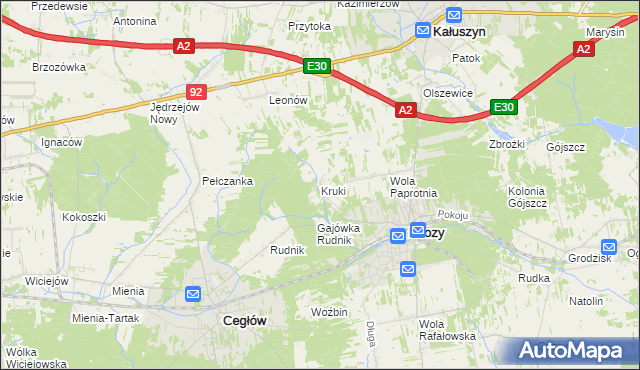 mapa Kruki gmina Mrozy, Kruki gmina Mrozy na mapie Targeo