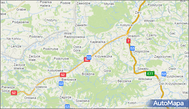 mapa Krzywaczka, Krzywaczka na mapie Targeo