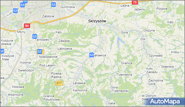 mapa Łękawica gmina Skrzyszów, Łękawica gmina Skrzyszów na mapie Targeo