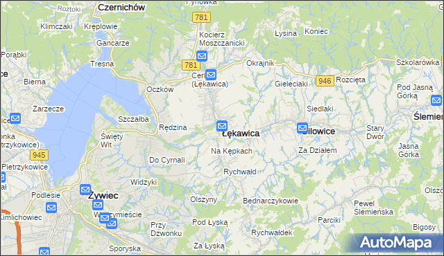 mapa Łękawica powiat żywiecki, Łękawica powiat żywiecki na mapie Targeo